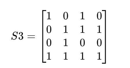 S 2 = [ 1 0 1 1 0 1 1 1 0 1 0 1 1 1 1 0 ] S 3 = [
