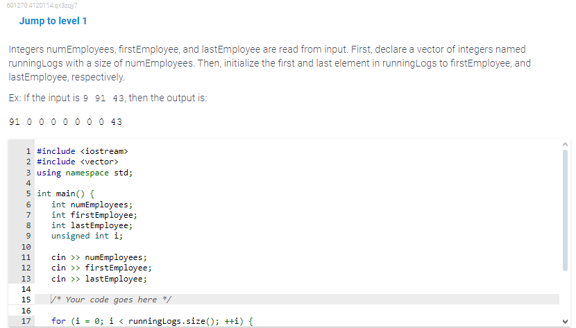 Jump to level 1 Integers numEmployees,