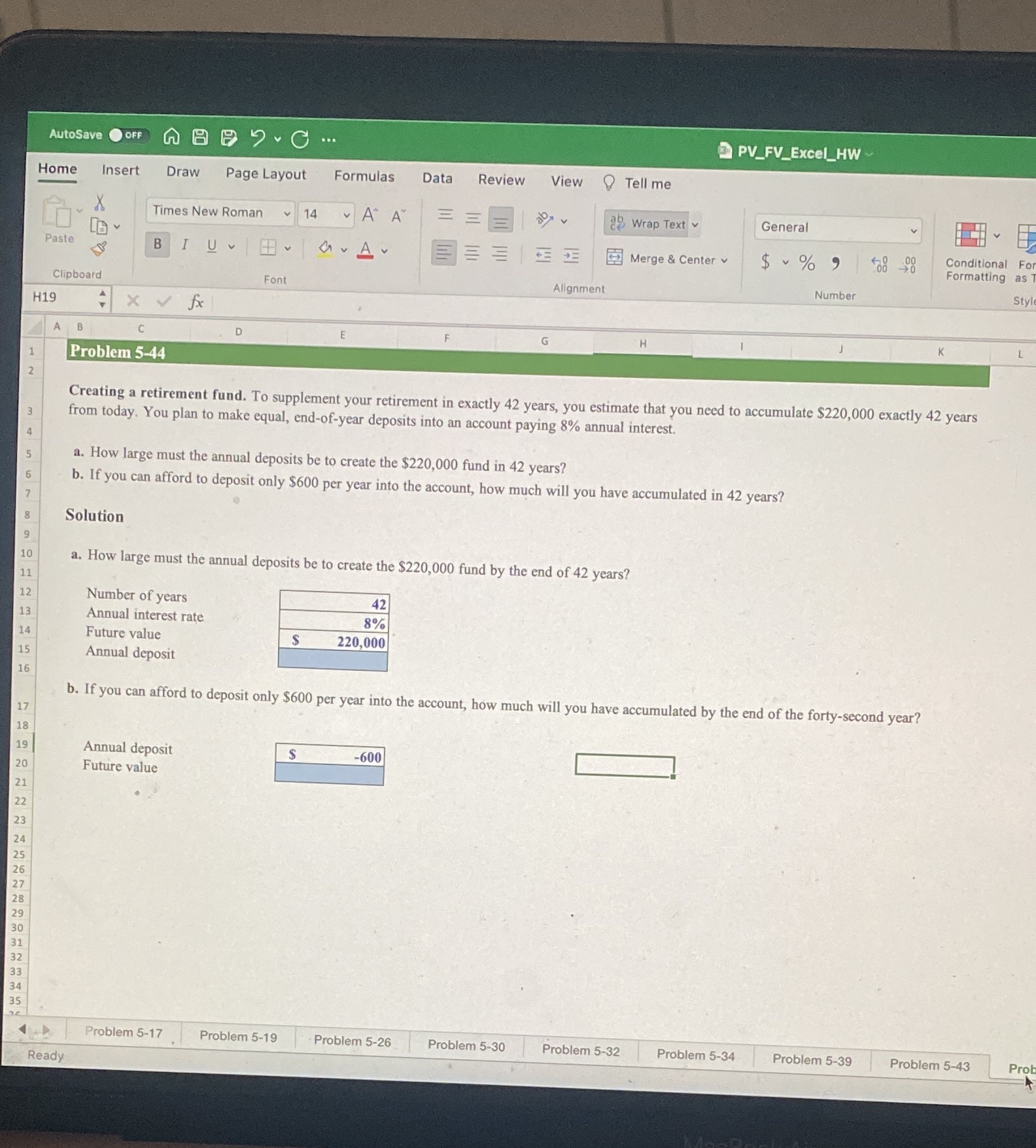 AutoSave ( OFF A 9 9 9 . C ... PV_FV_Excel_HW