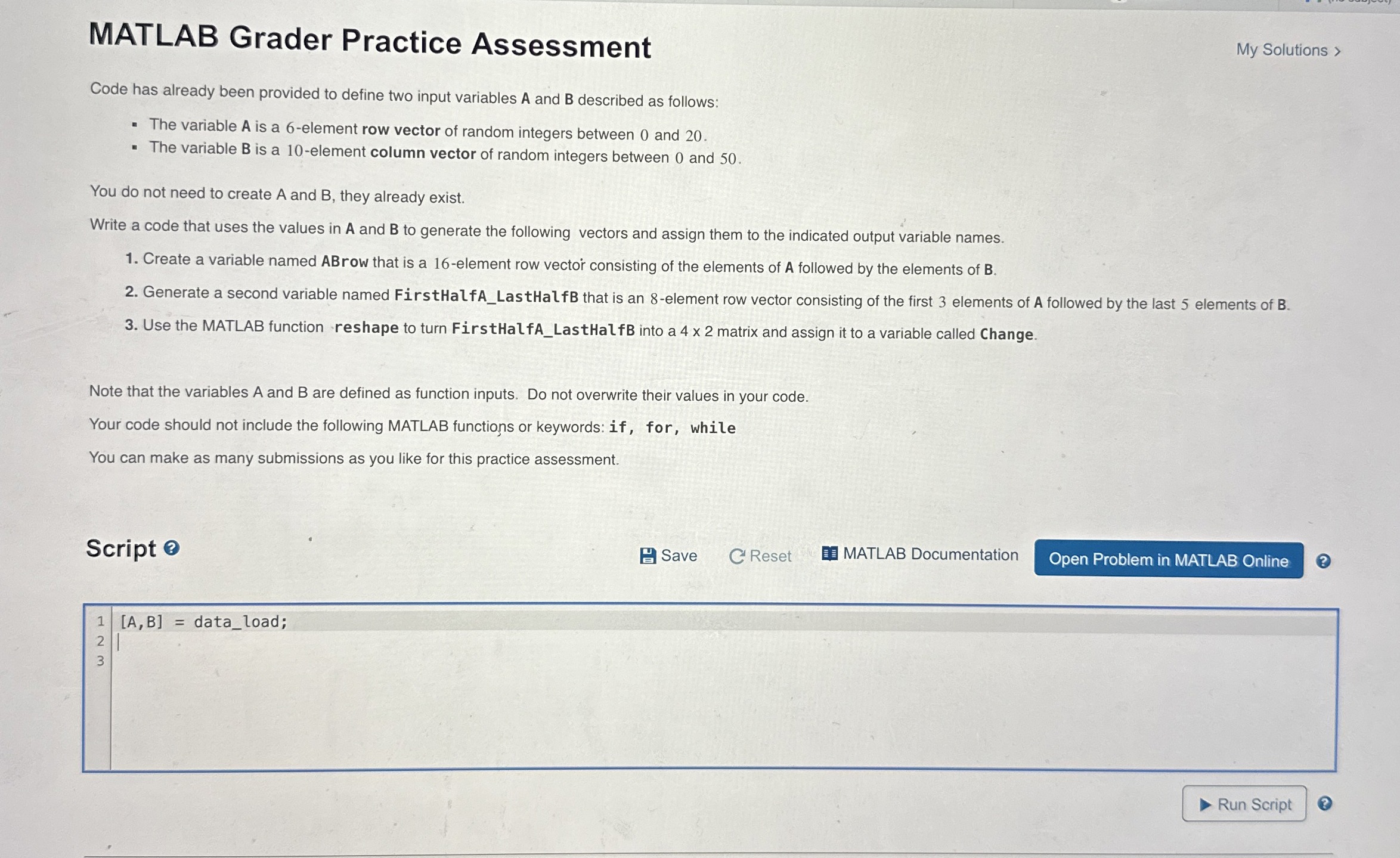 MATLAB Grader Practice Assessment My Solutions >