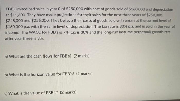 13 FBB Limited had sales in year 0 of $250,000