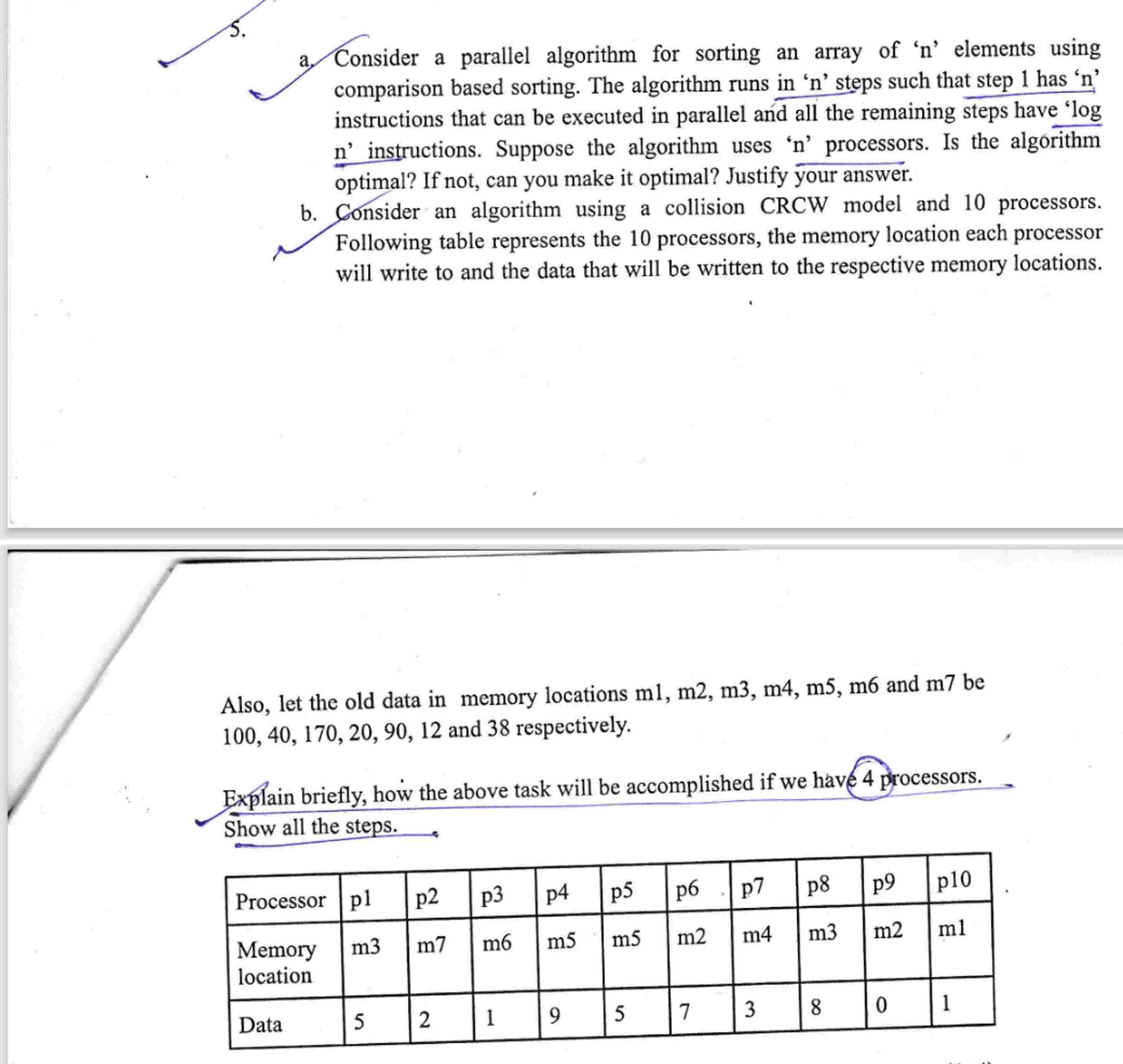 a . Consider a parallel algorithm for sorting an