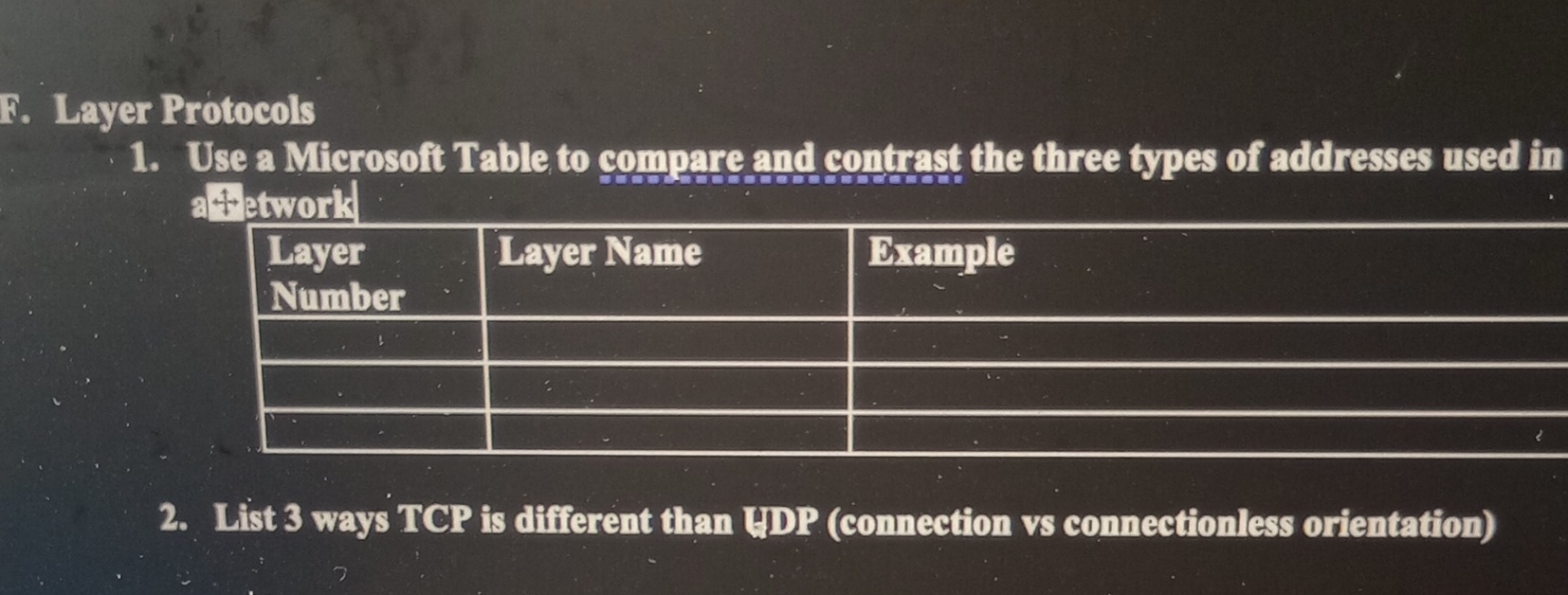 Layer Protocols Use a Microsoft Table to compare