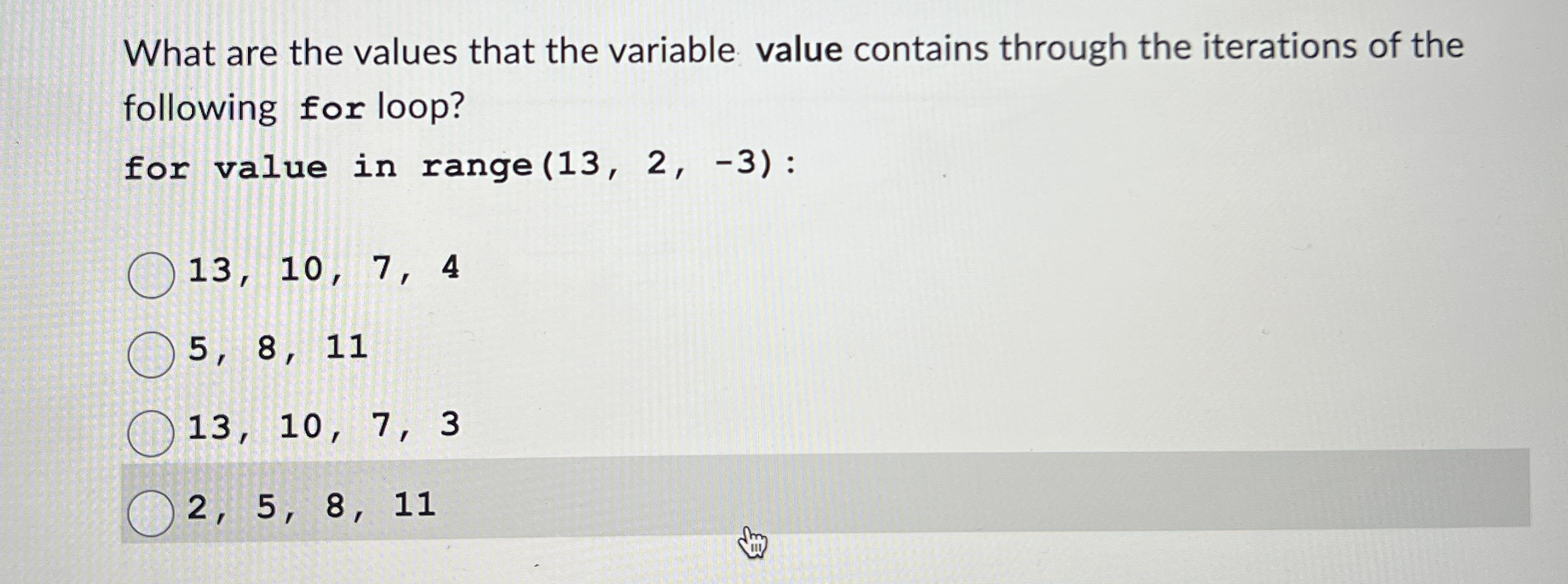 What are the values that the variable value