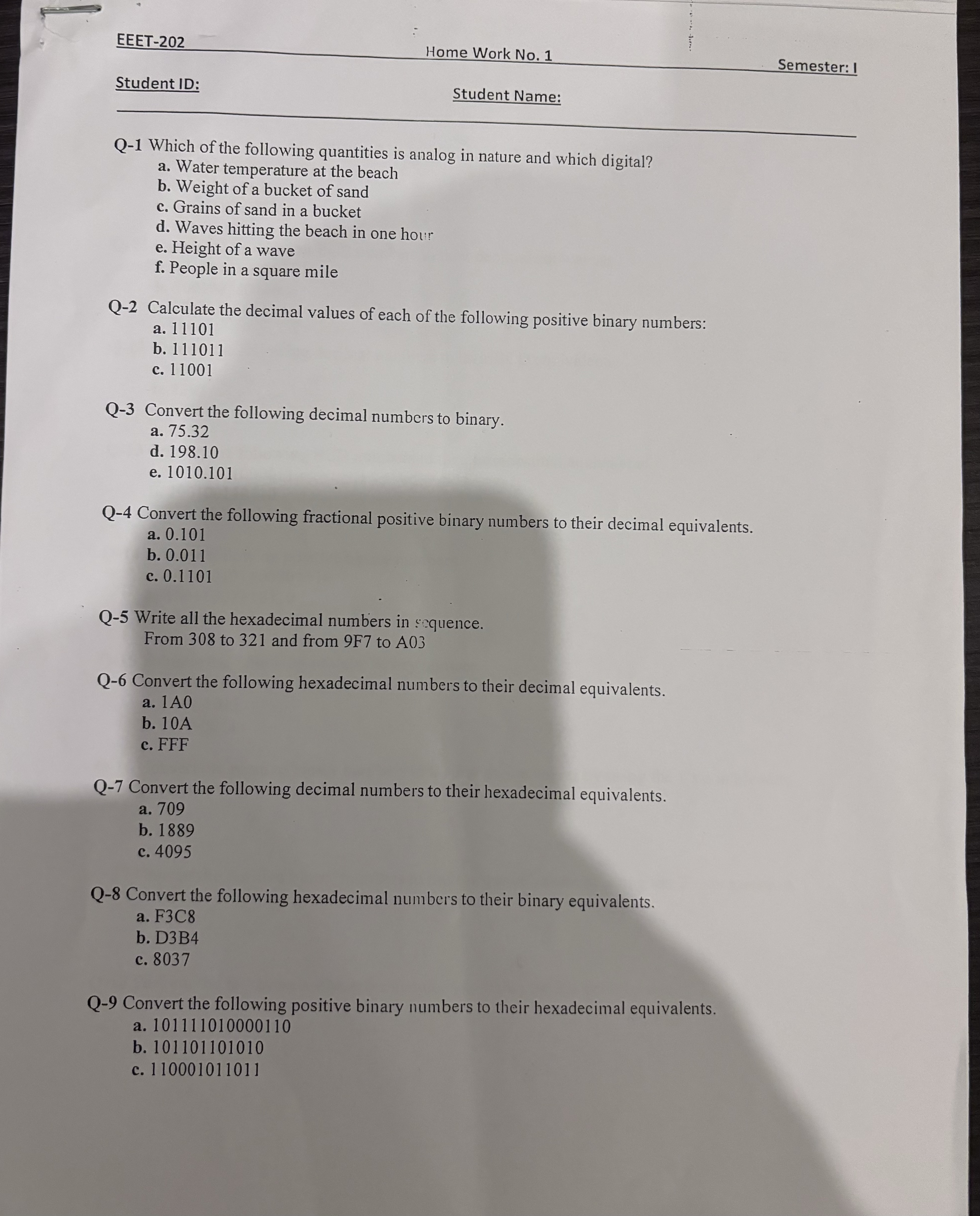 EEET - 2 0 2 Home Work No . 1 Semester: 1 Student