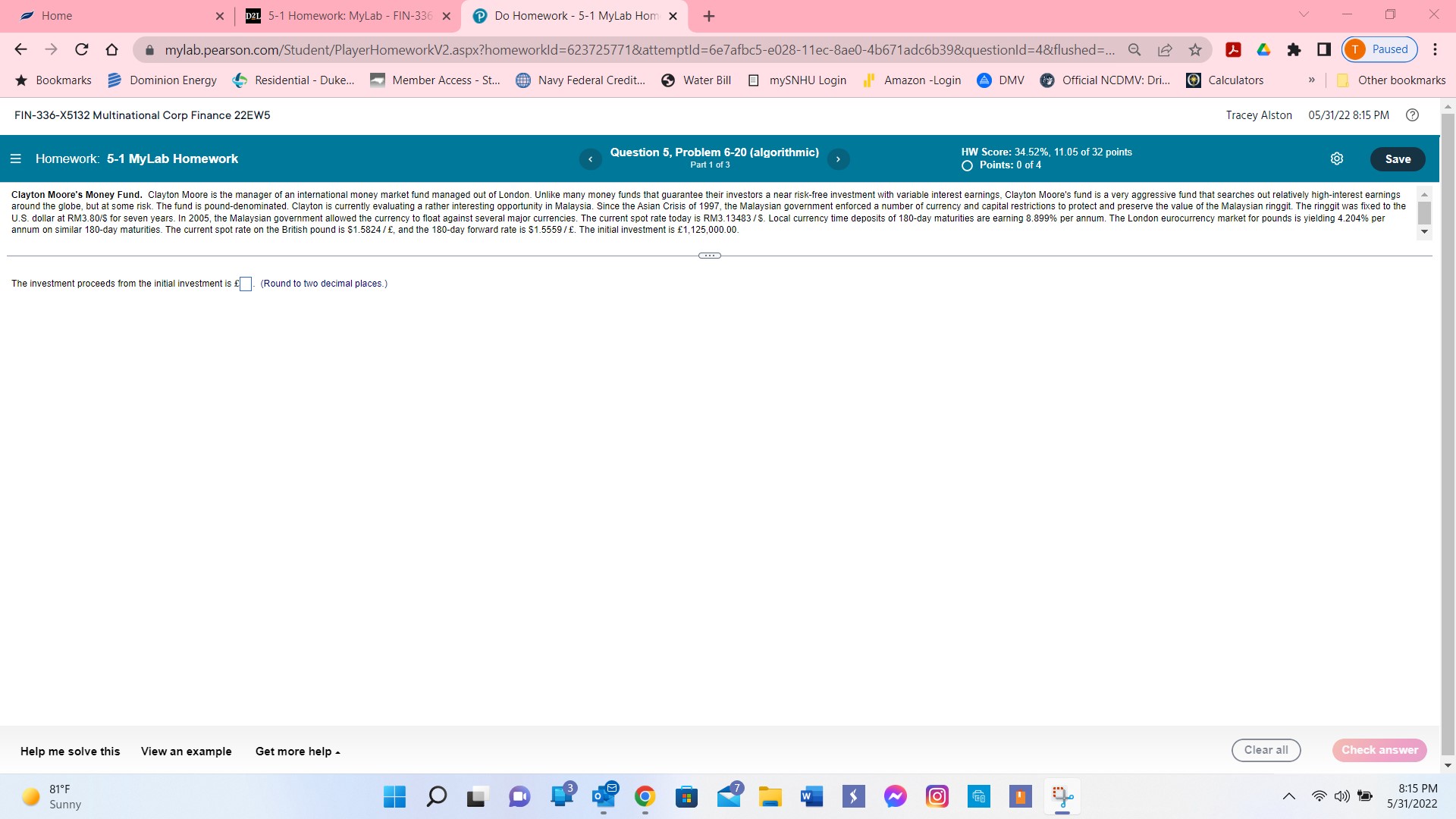 Home X D21 5-1 Homework: MyLab - FIN-336 x Do
