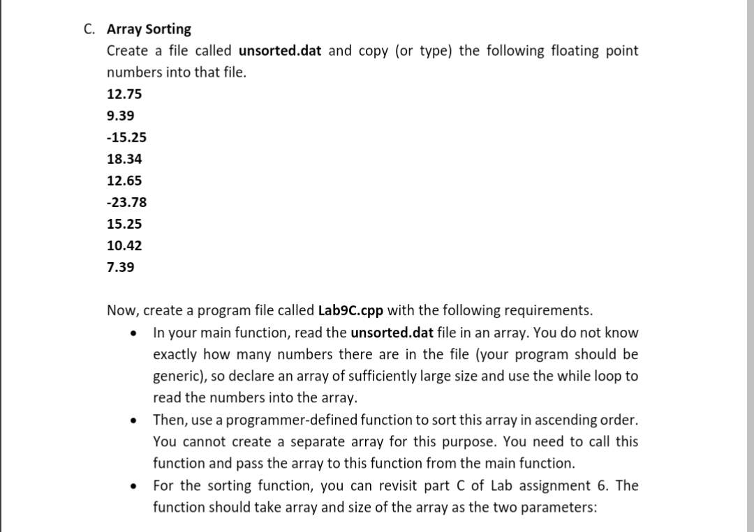 C . Array Sorting Create a file called