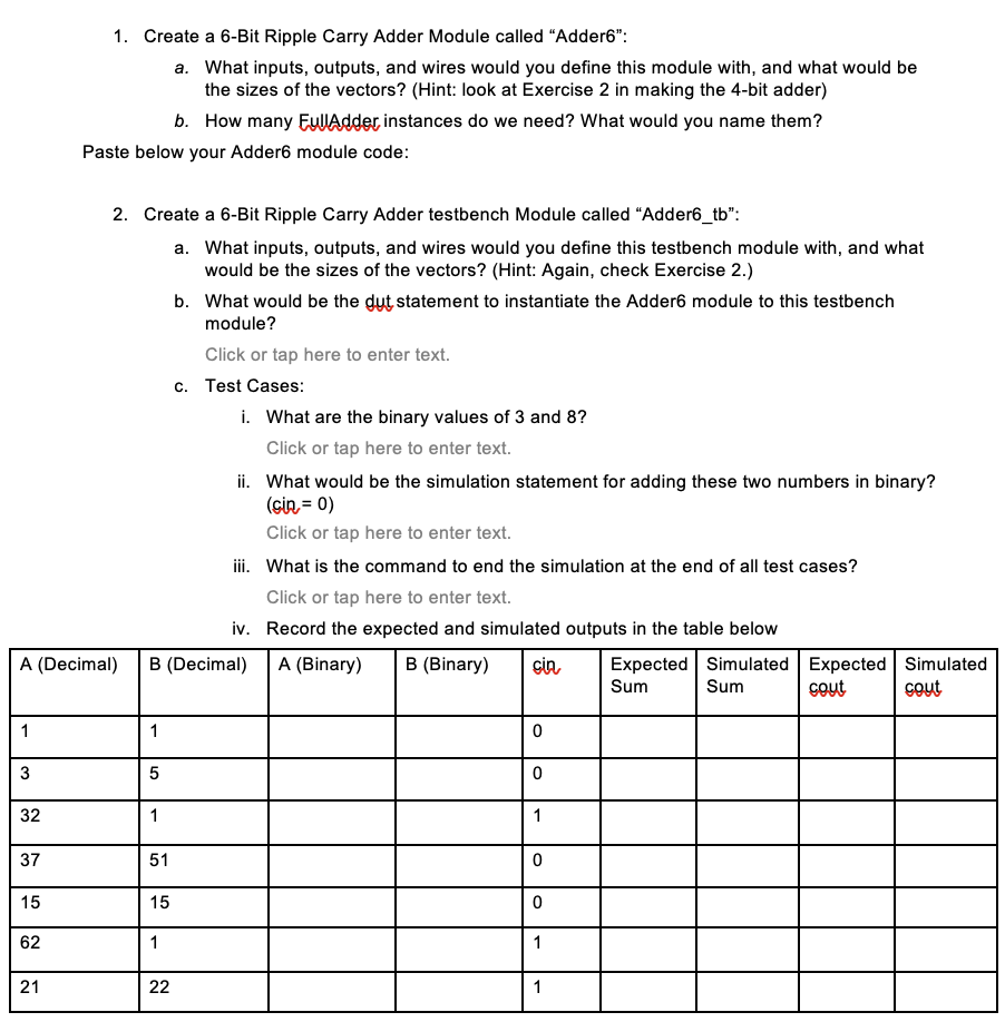 1 . Create a 6 - Bit Ripple Carry Adder Module
