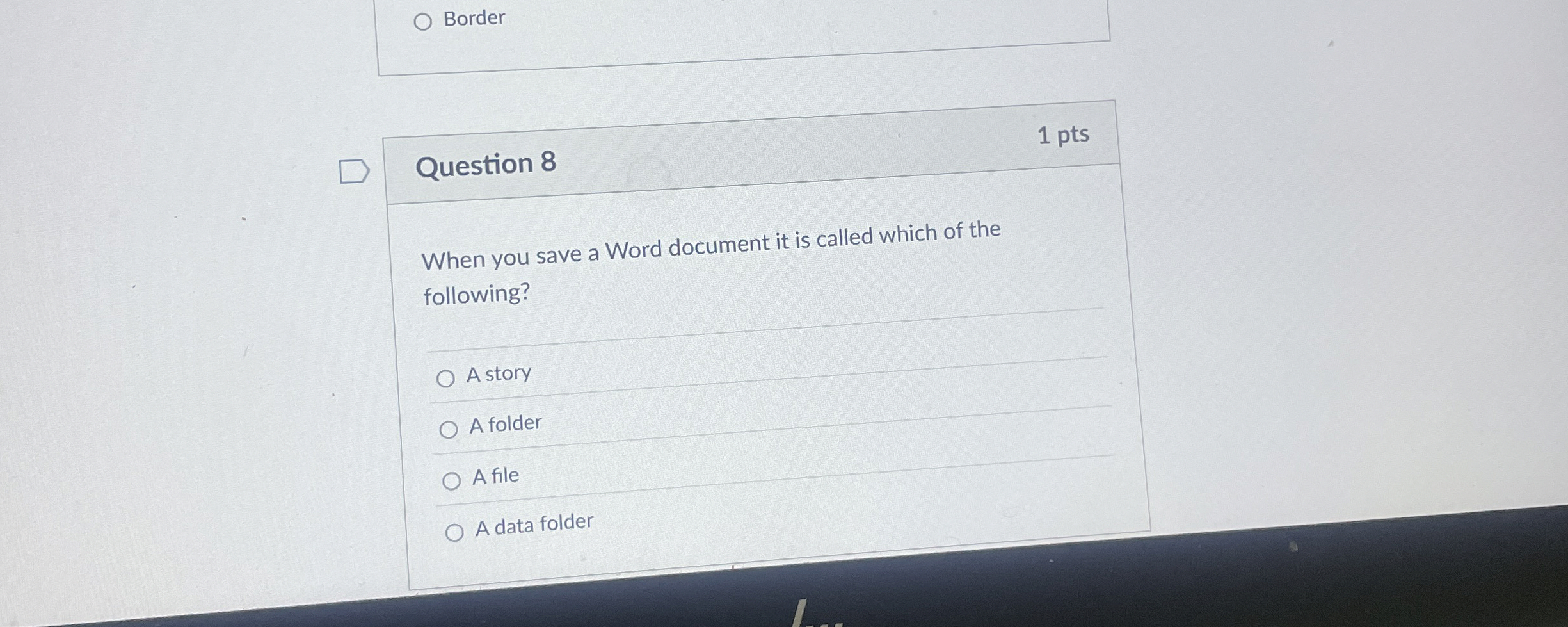 Border Question 8 1 pts When you save a Word