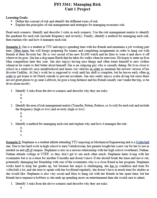 PFI 3361: Managing Risk Unit 1 Project Learning