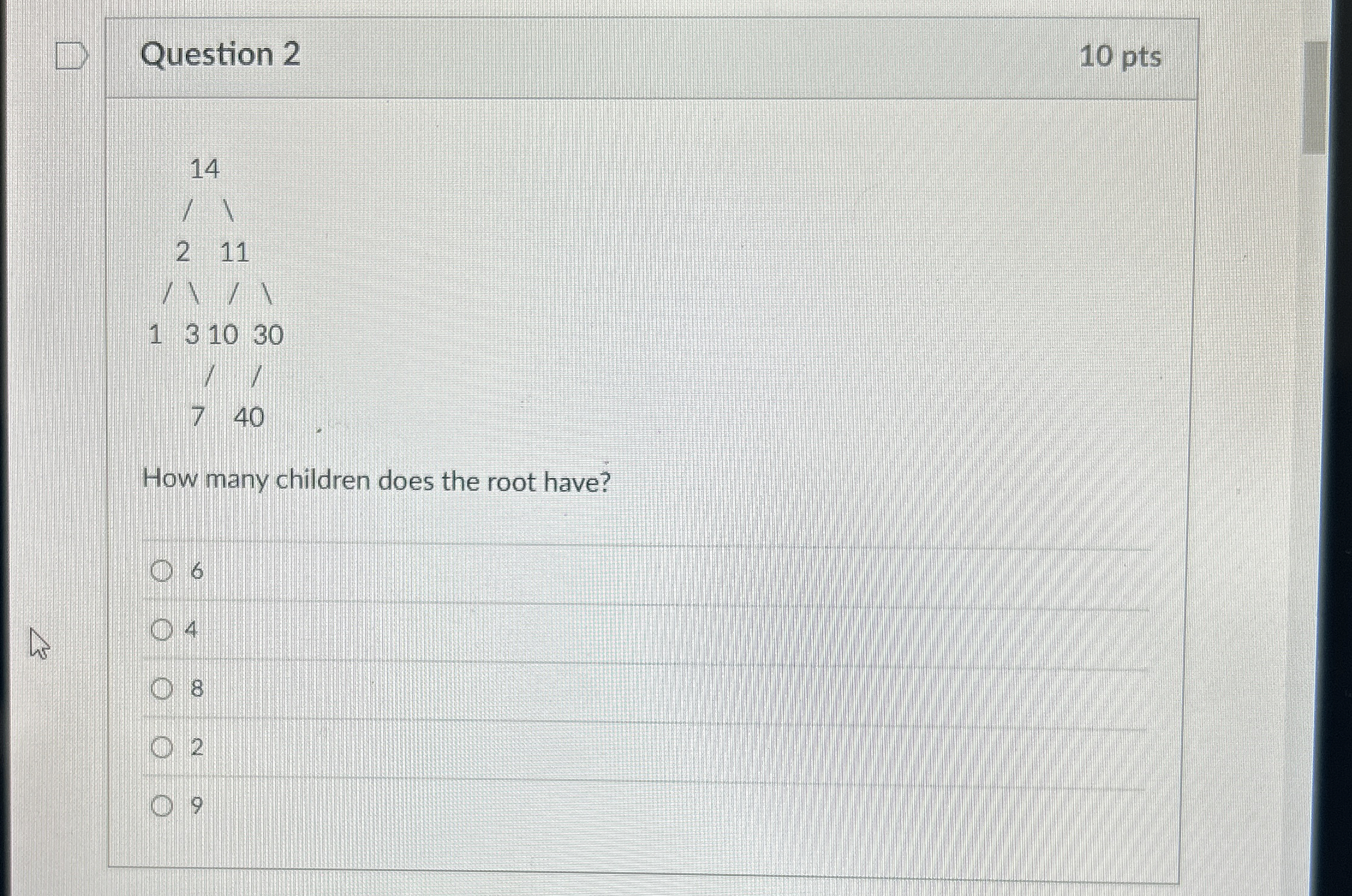 Question 2 1 0 pts 1 4 1 1 2 1 1 1 1 1 1 3 1 0 3