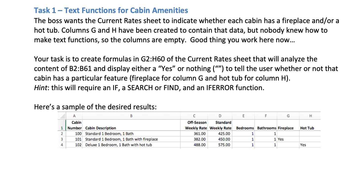 Task 1 - Text Functions for Cabin Amenities The