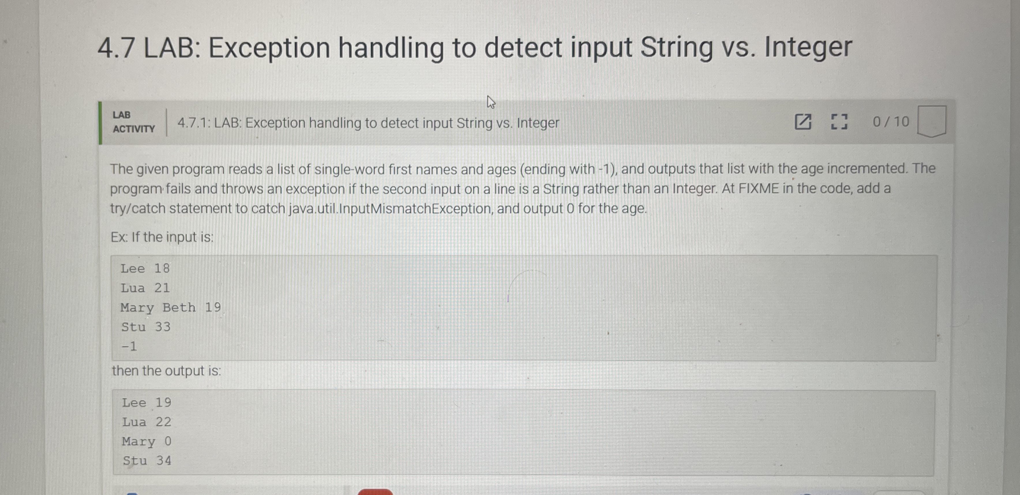 4 . 7 LAB: Exception handling to detect input