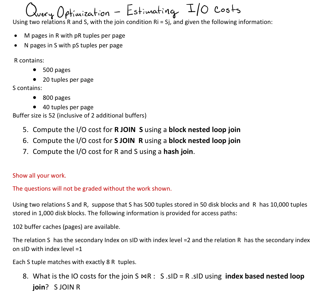 Query Optimization - Estimating I / O costs Using