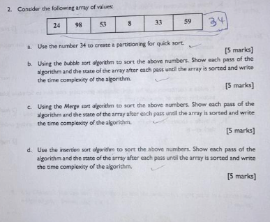 2 . Consider the following array of values: a .
