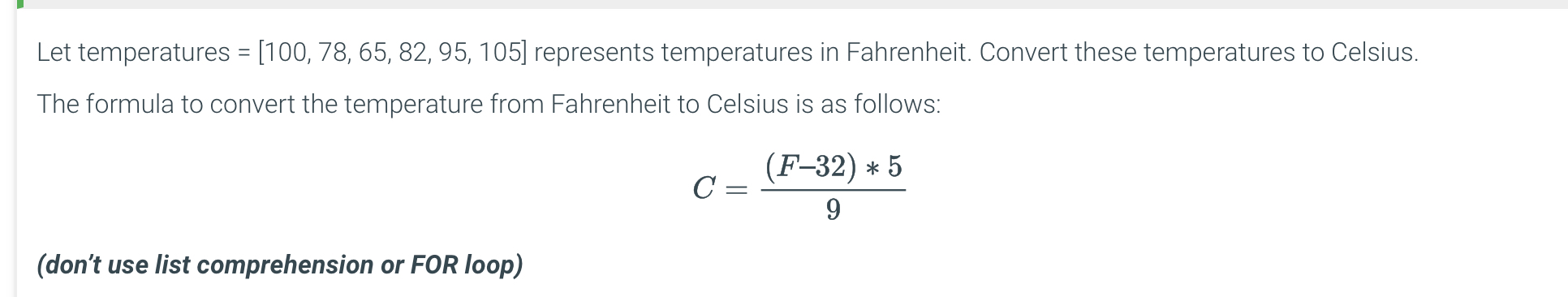 Let temperatures = [ 1 0 0 , 7 8 , 6 5 , 8 2 , 9