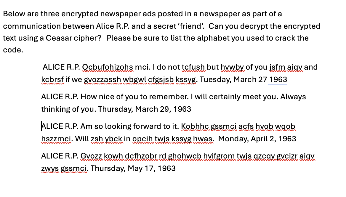 Below are three encrypted newspaper ads posted in