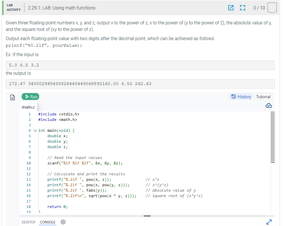 2 . 2 9 . 1 : LAB: Using math functions Given