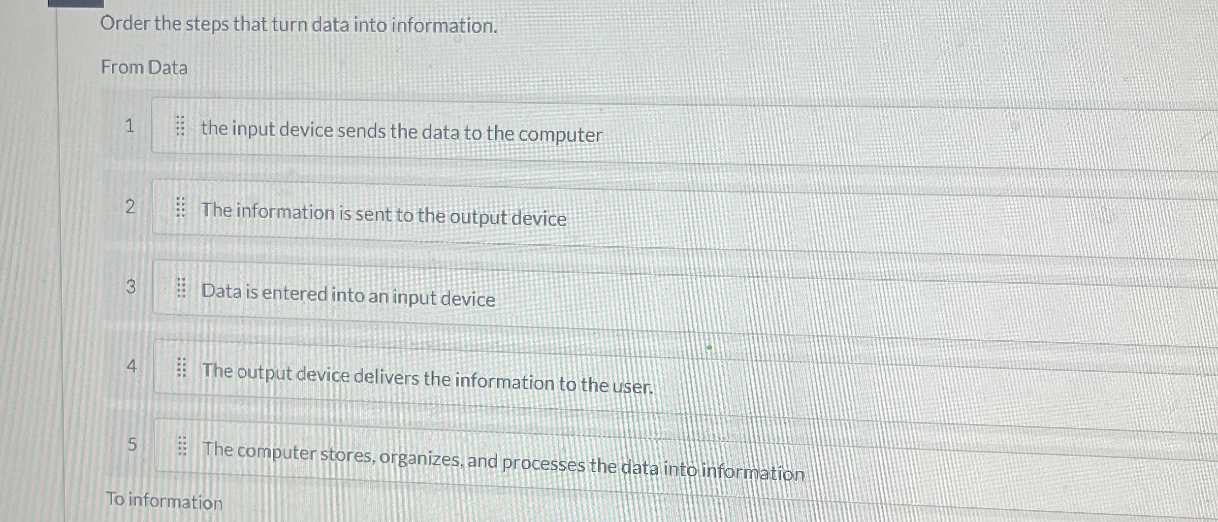 Order the steps that turn data into information.