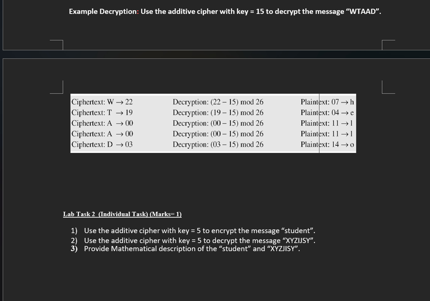 Ciphertext: W - > 2 2 Ciphertext: T - > 1 9