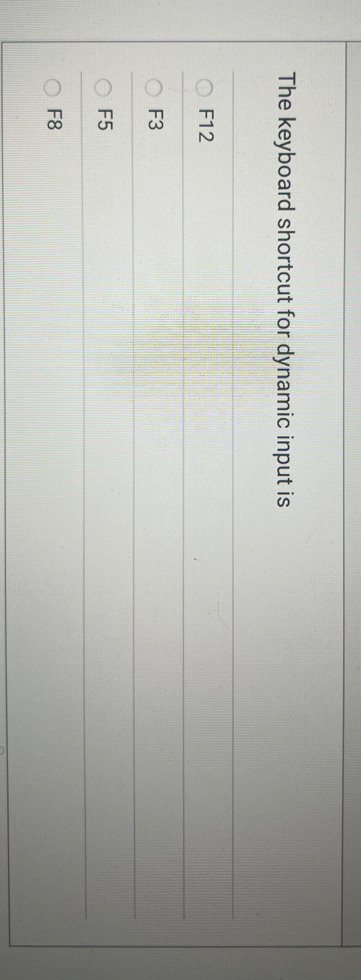 The keyboard shortcut for dynamic input is F 1 2
