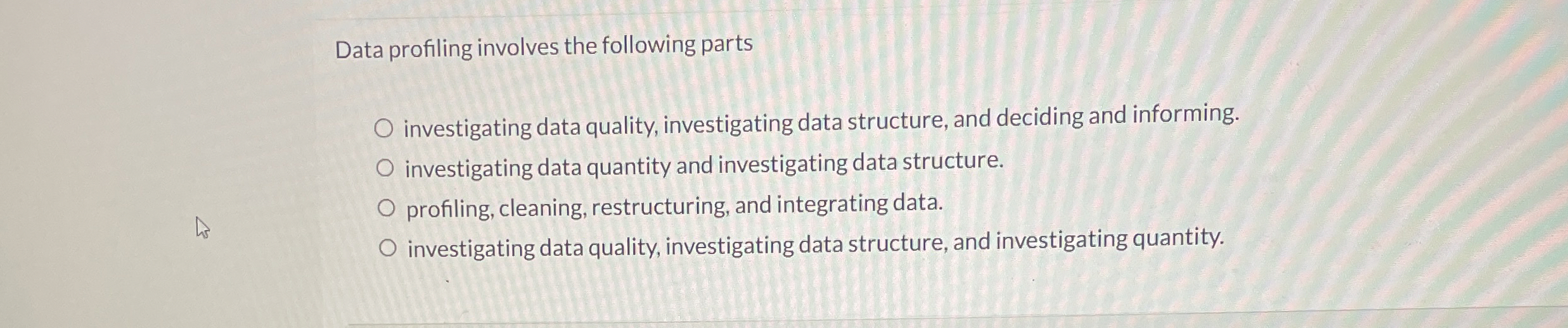 Data profiling involves the following parts