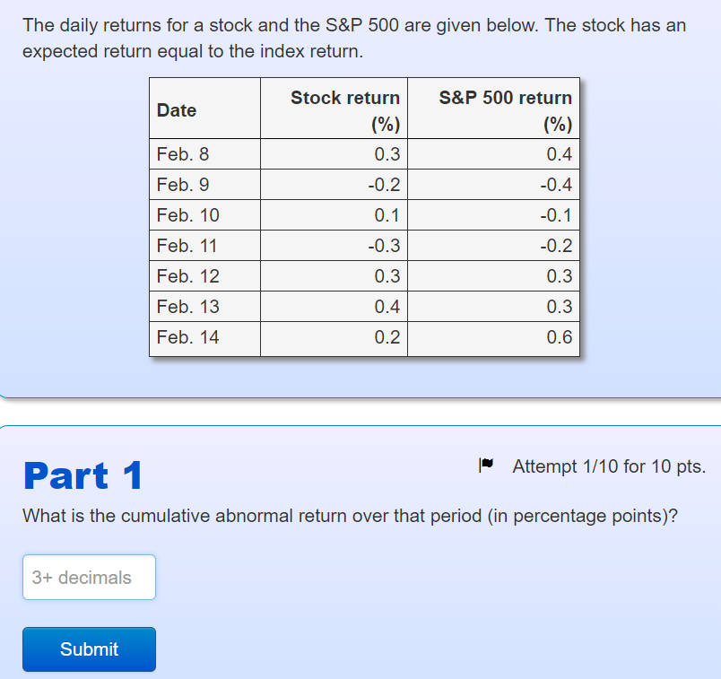 1..... The daily returns for a stock and the S&P