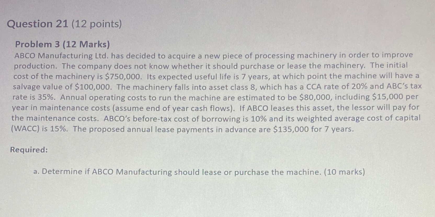 Question 21 (12 points) Problem 3 (12 Marks) ABCO