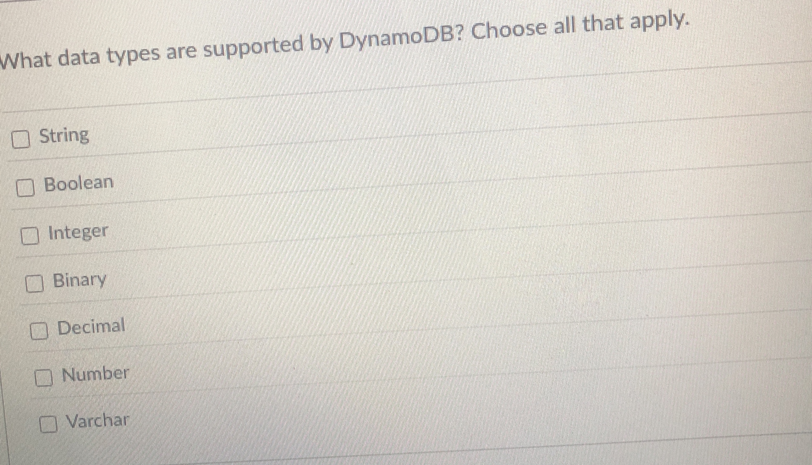 What data types are supported by DynamoDB? Choose