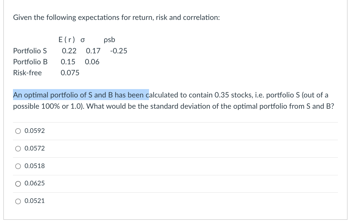 Given the following expectations for return, risk
