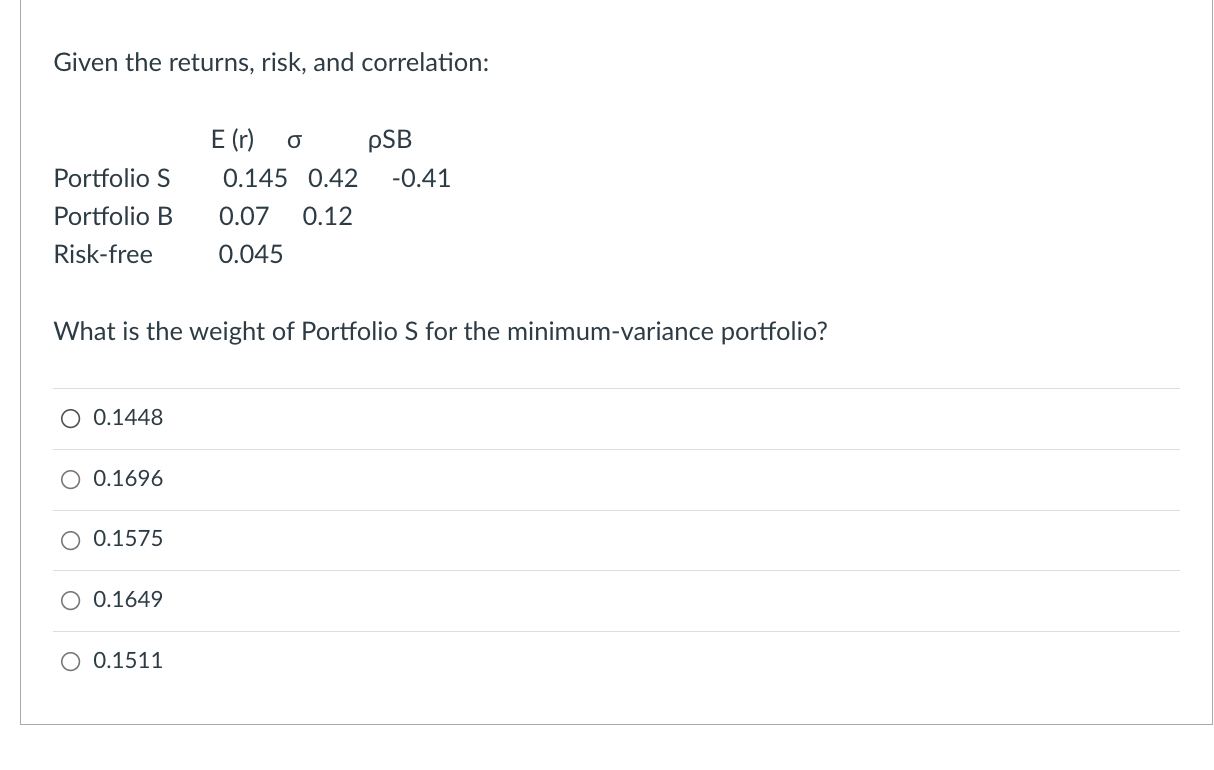 Given the following expectations for return, risk