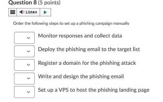 Question 8 Order the following steps to set up a