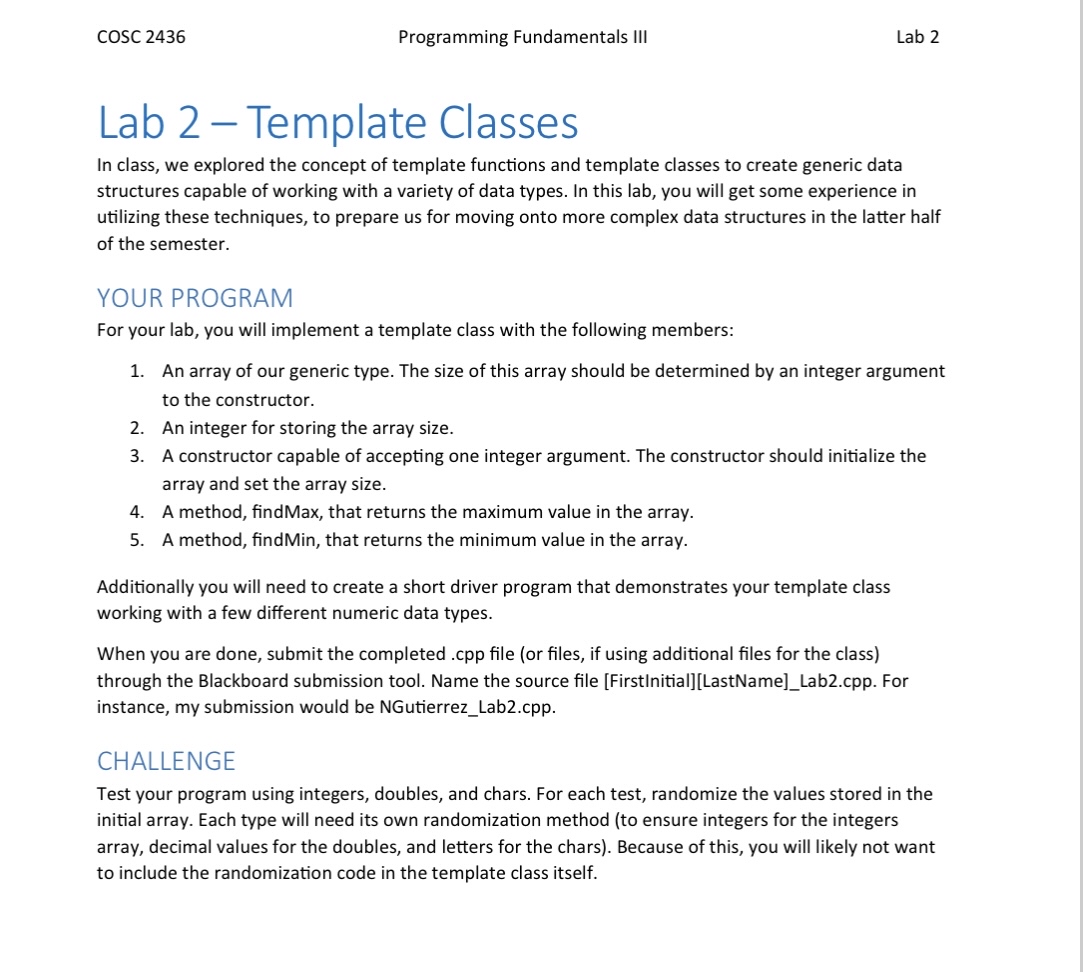 Lab 2 - Template Classes In class, we explored