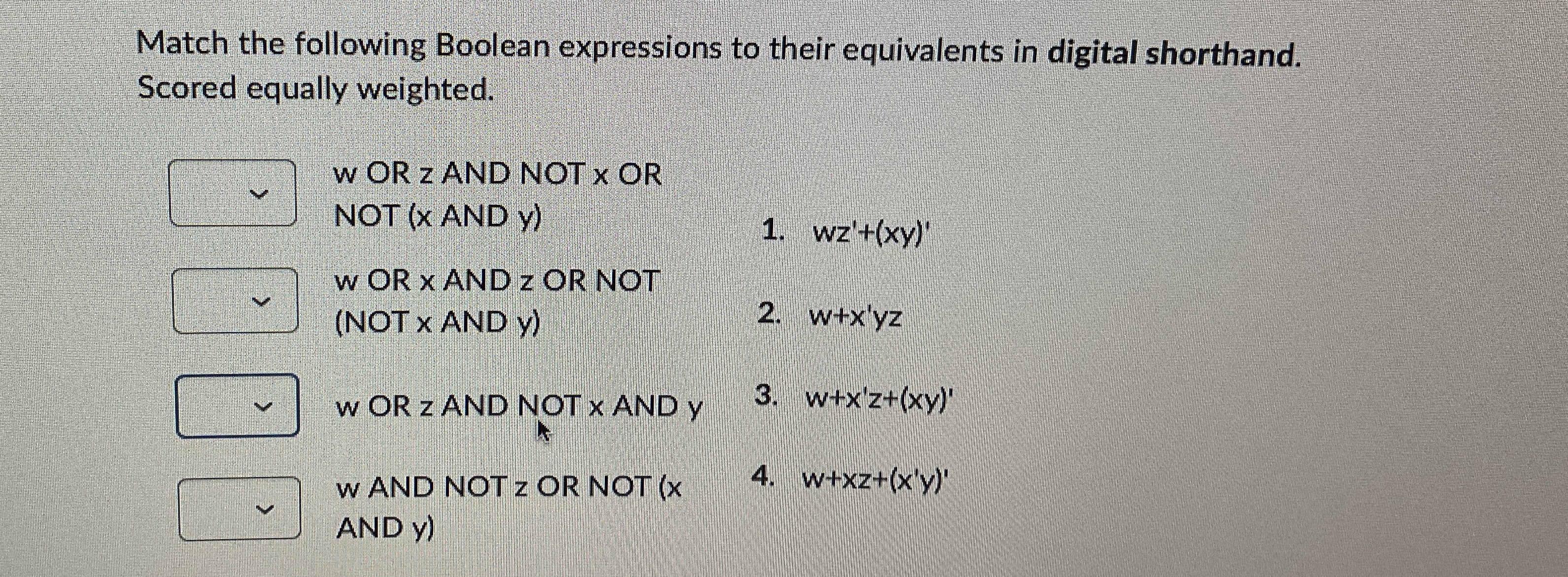 Match the following Boolean expressions to their