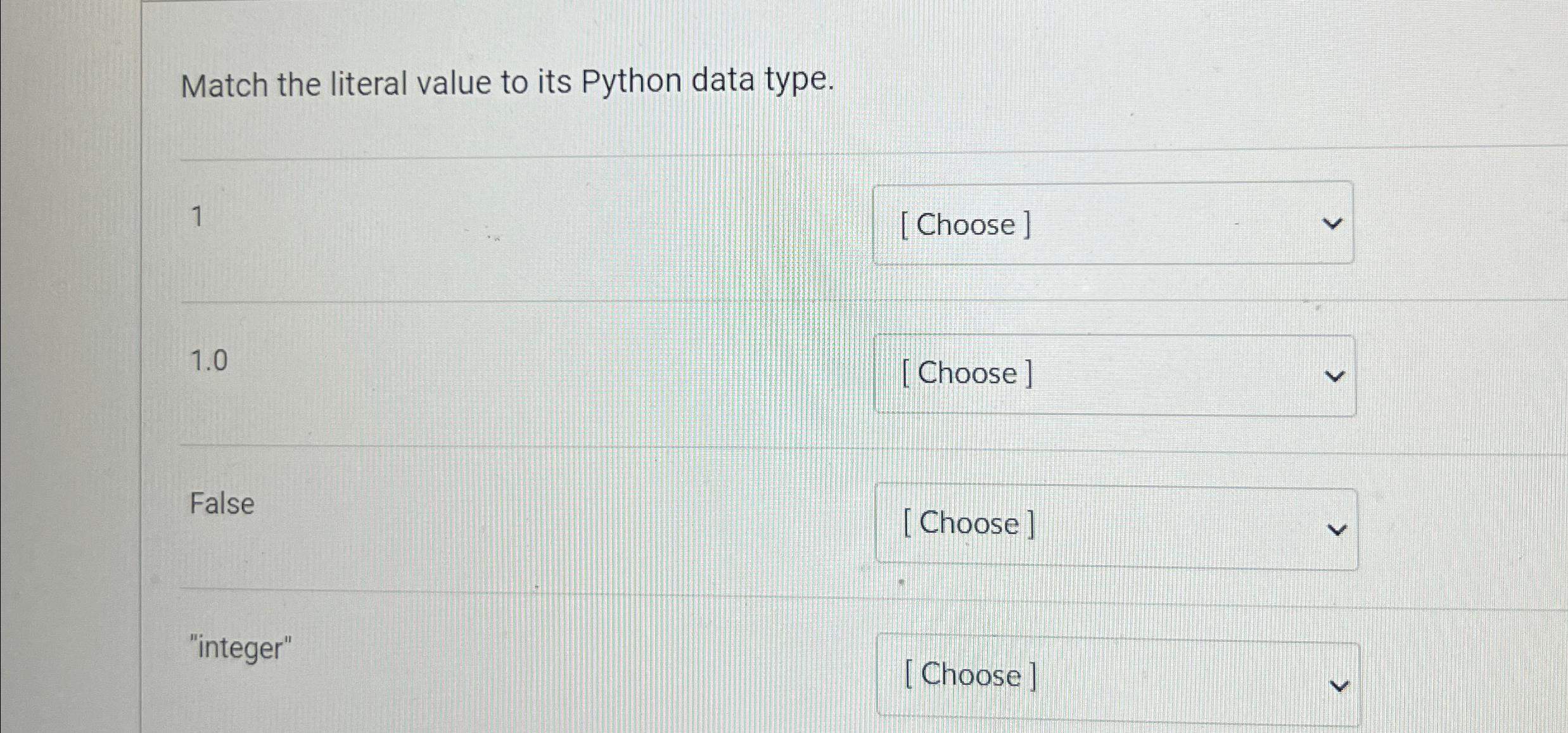 Match the literal value to its Python data type.