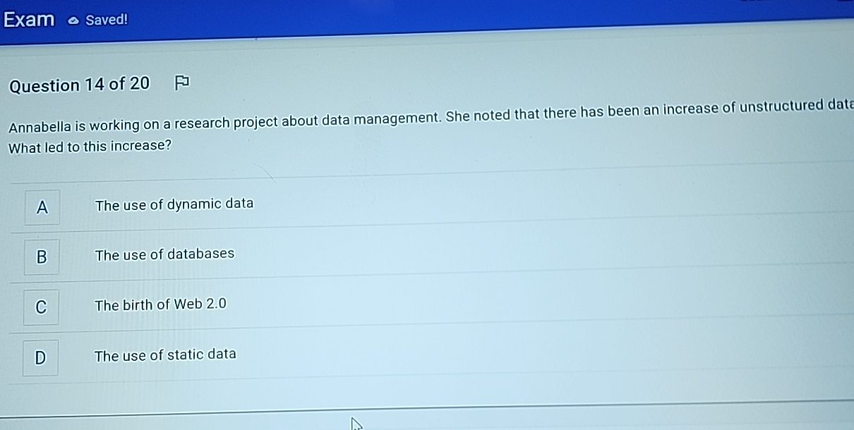 Question 1 4 of 2 0 Annabella is working on a