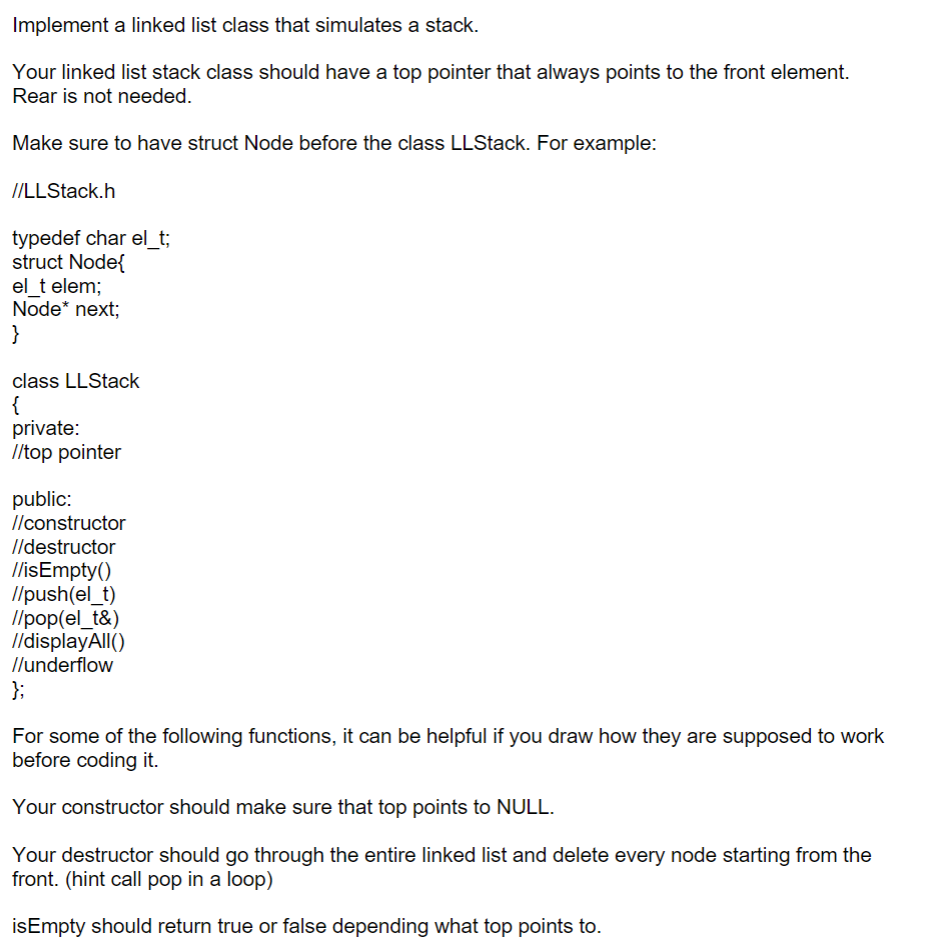 Implement a linked list class that simulates a