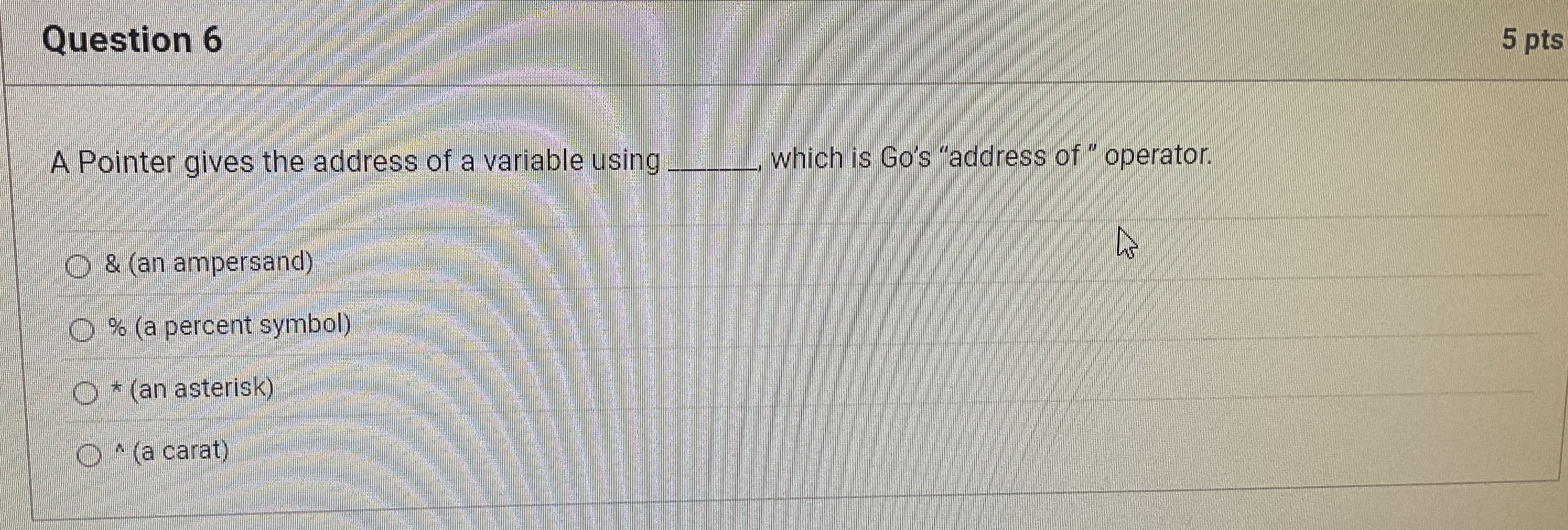 Question 6 5 pts A Pointer gives the address of a