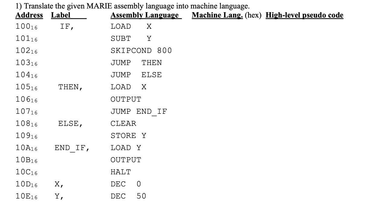 Translate the given MARIE assembly language into