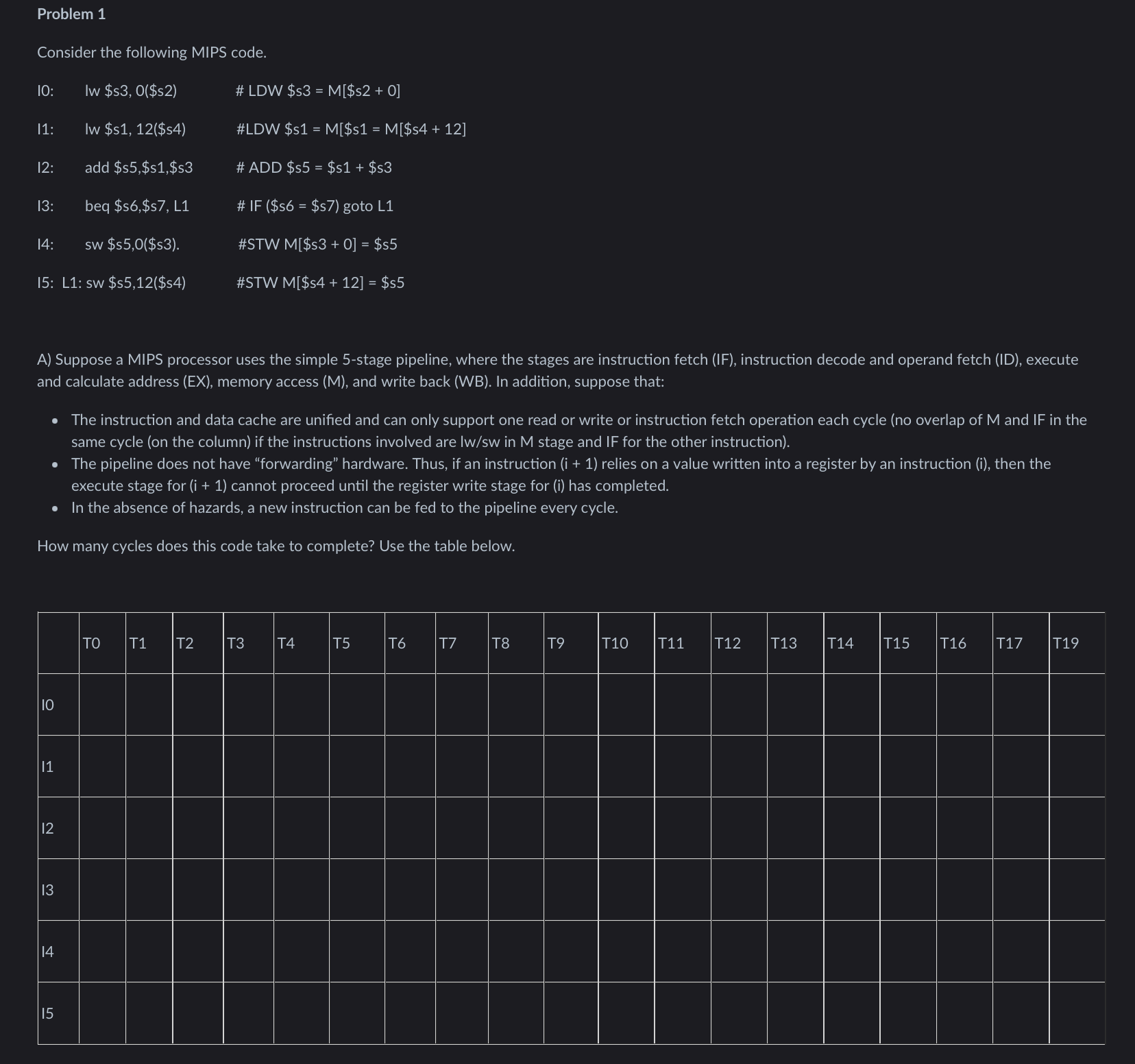 Problem 1 Consider the following MIPS code. I 0 :