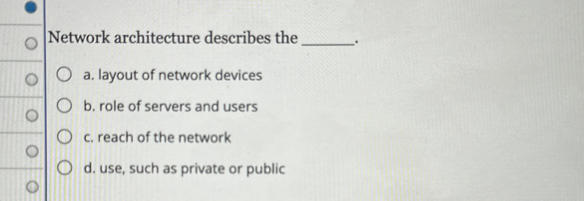 Network architecture describes the a . layout of