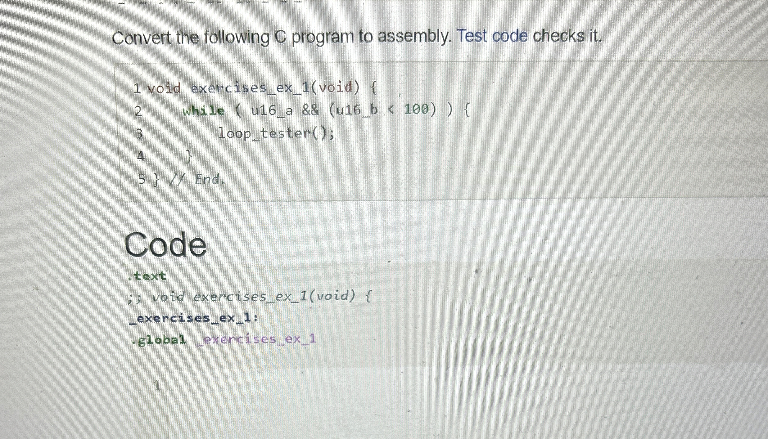 Convert the following C program to assembly. Test