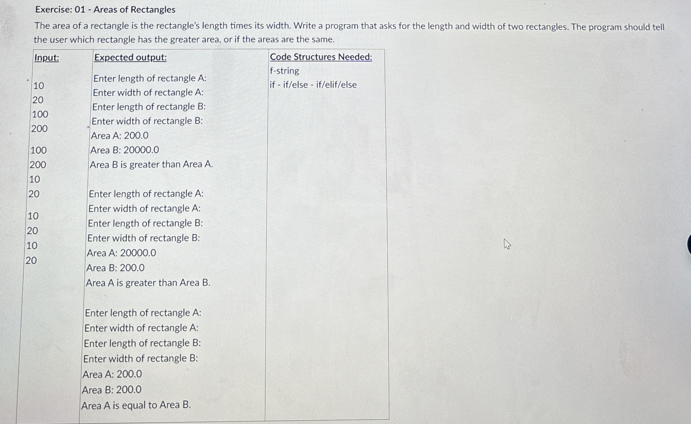 Exercise: 0 1 - Areas of Rectangles The area of a