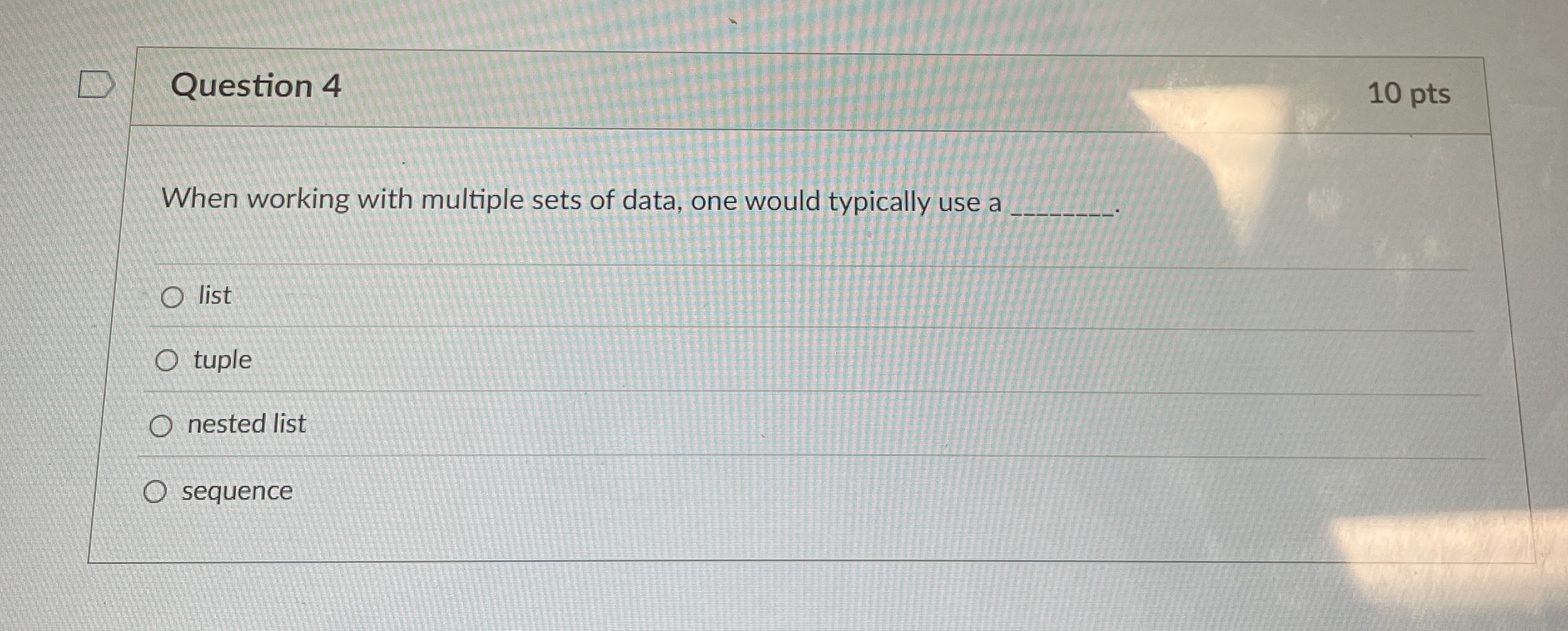 Question 4 When working with multiple sets of