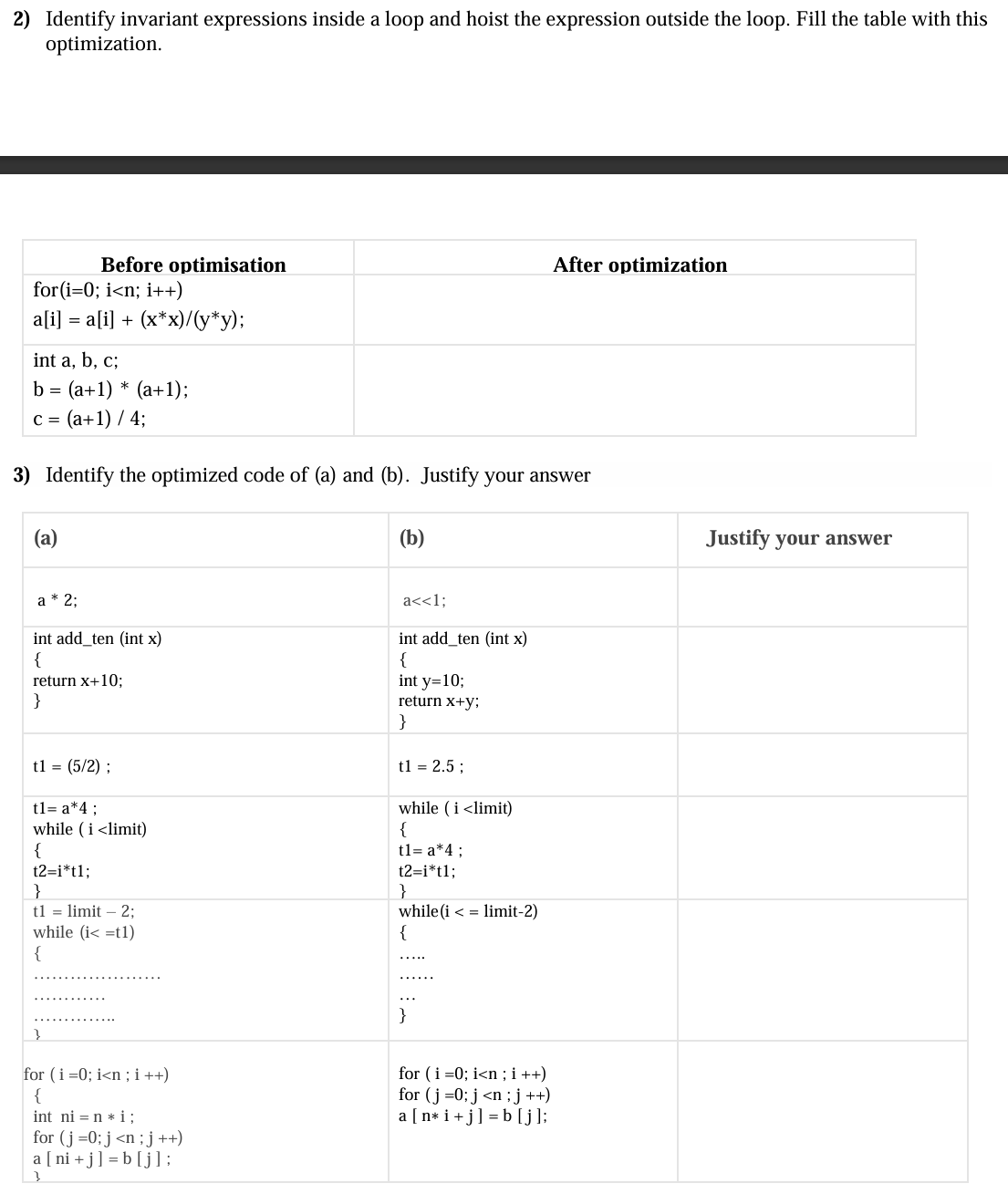 2 ) Identify invariant expressions inside a loop