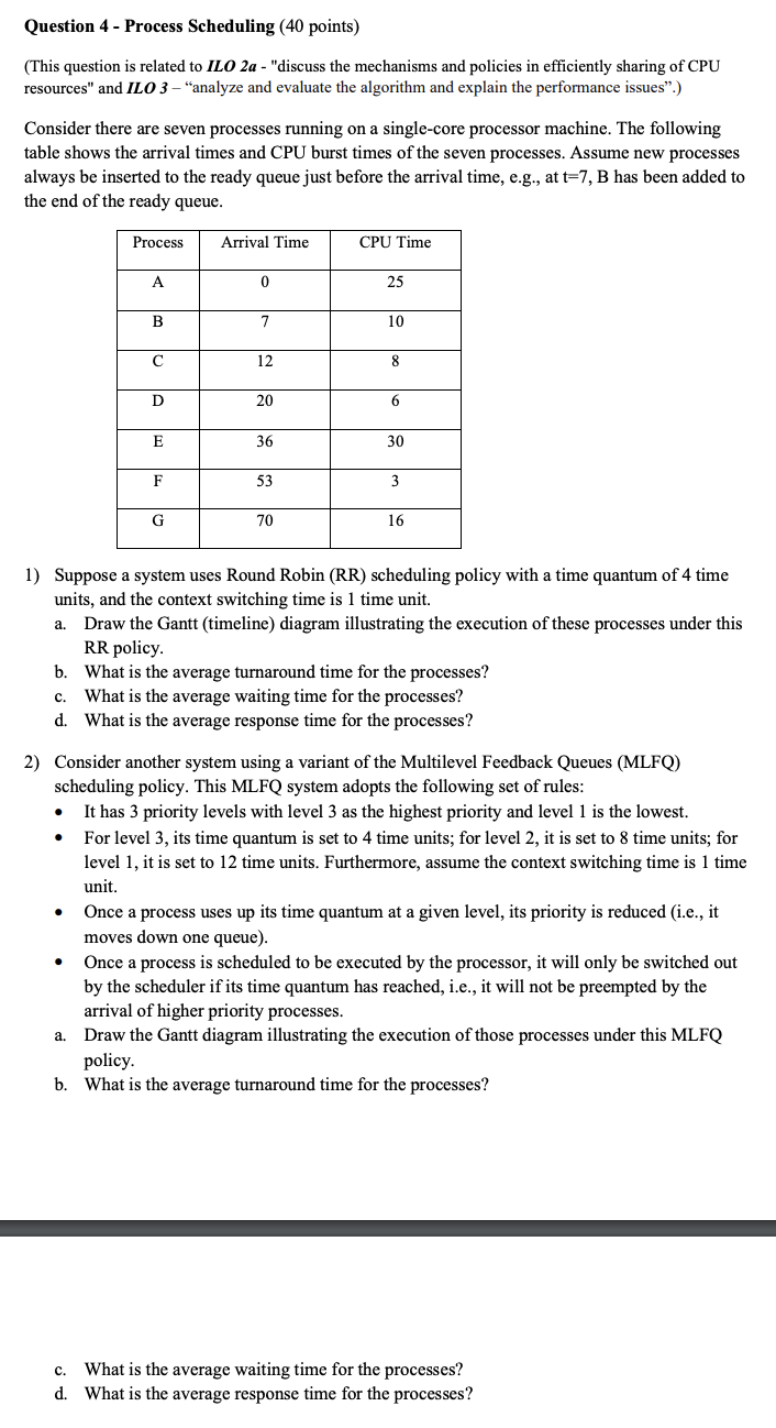 Question 4 - Process Scheduling ( 4 0 points ) (