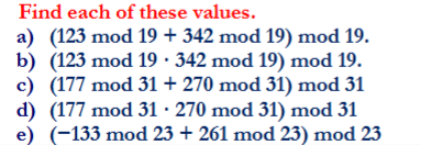 Find each of these values. a ) ( 1 2 3 mod 1 9 +