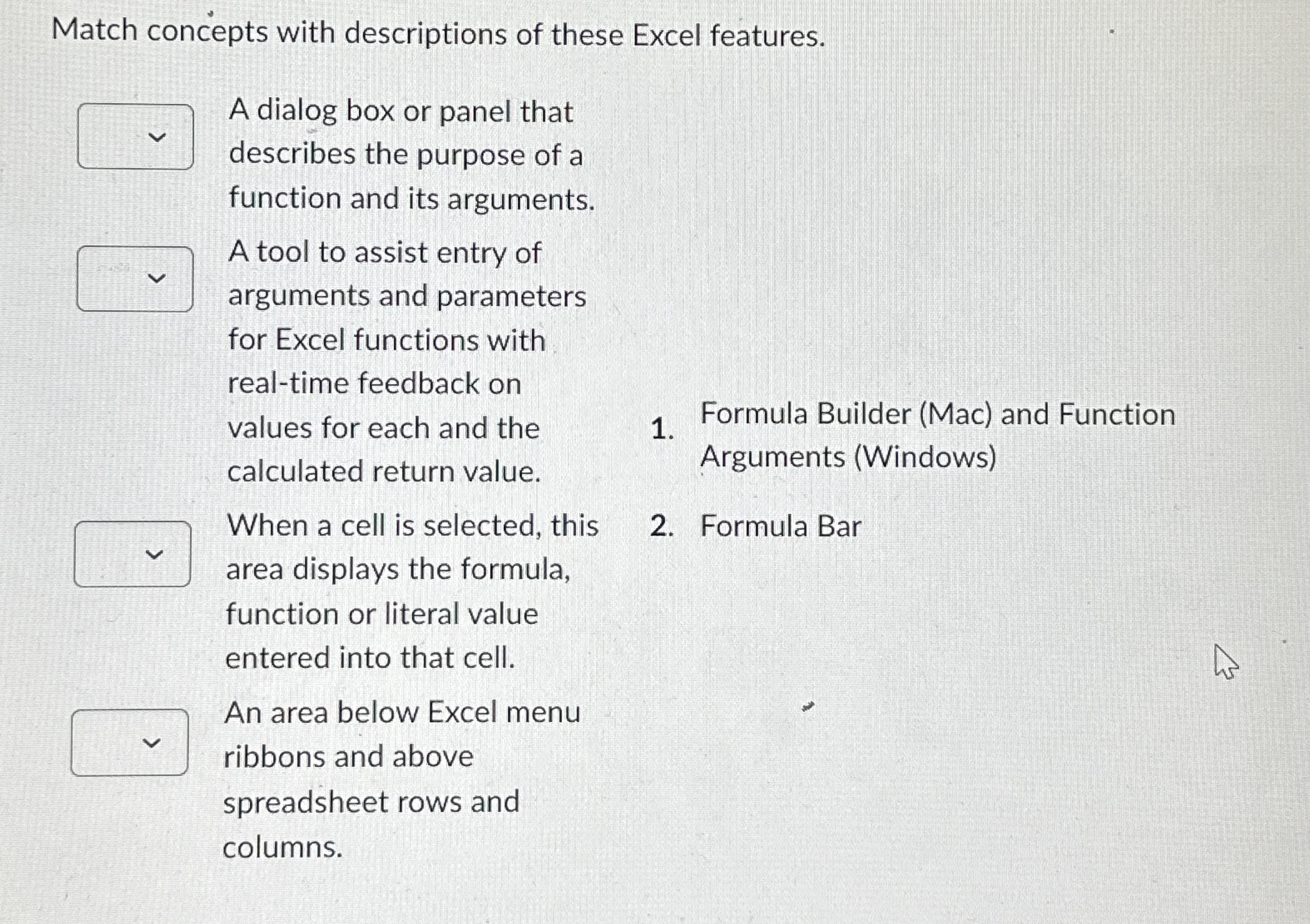 Match concepts with descriptions of these Excel