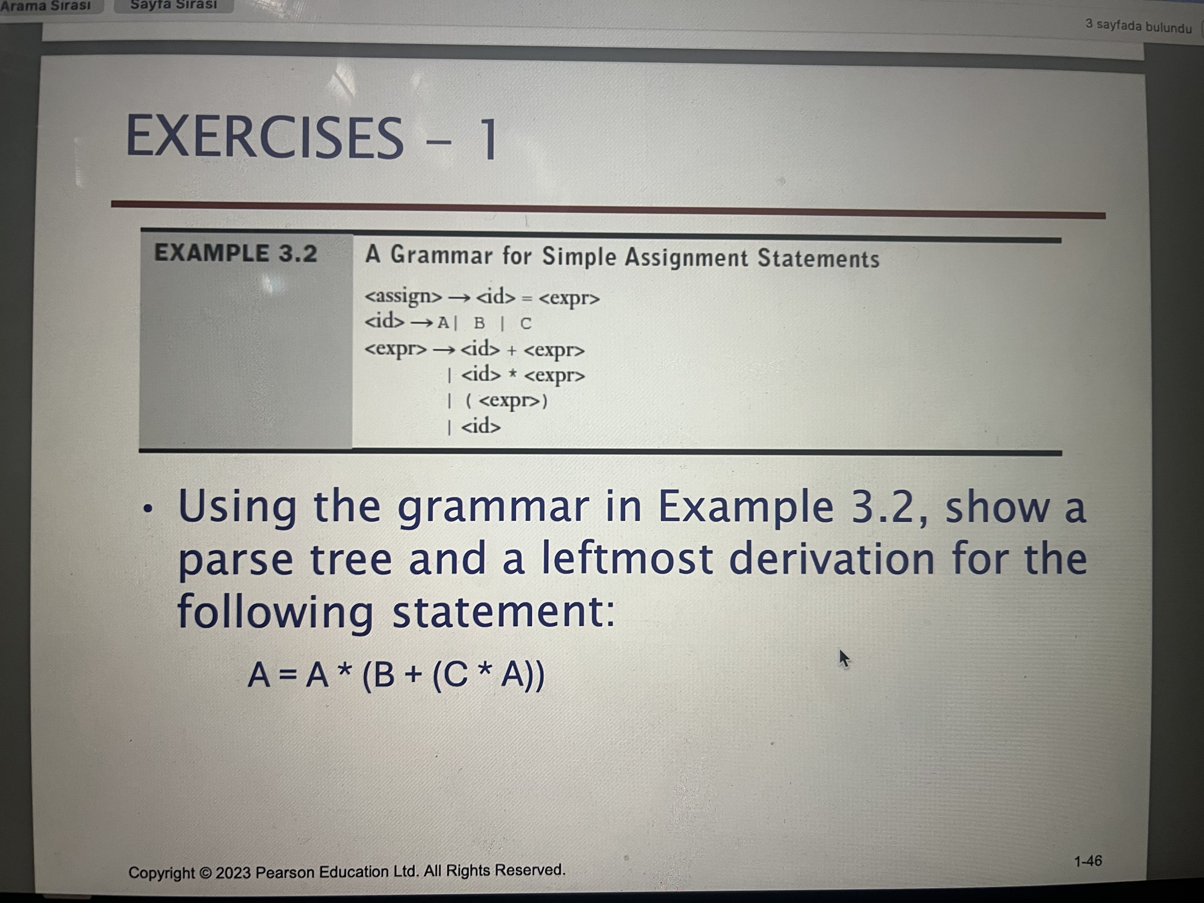 Show a parse tree and a leftmist derivation for