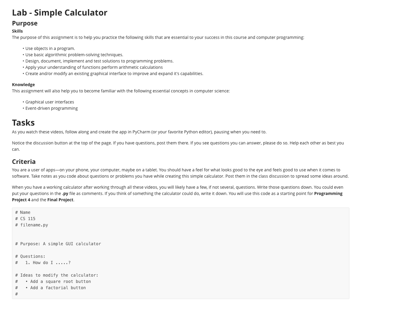 Lab - Simple Calculator Purpose Skills The